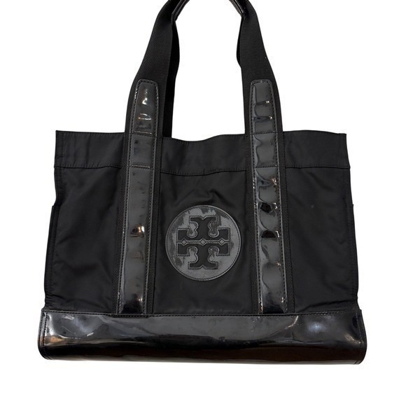Tory Burch Black Nylon Patent Leather Trim Lightweight Everyday Tote Bag